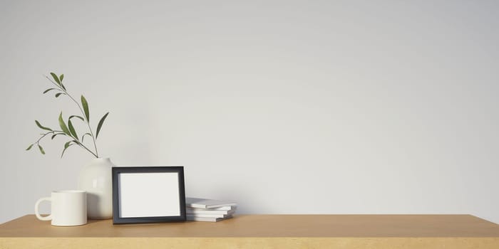 3d picture frame with cup and book on wood top table. 3d rendering, illustration.