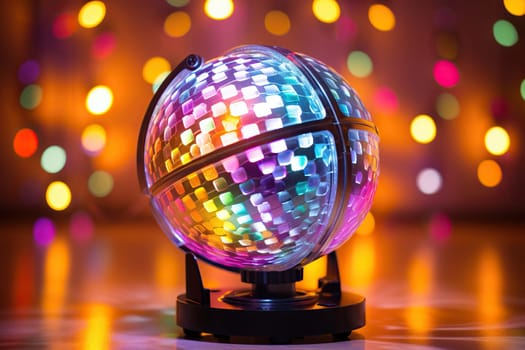 Shiny disco ball on a bokeh background.