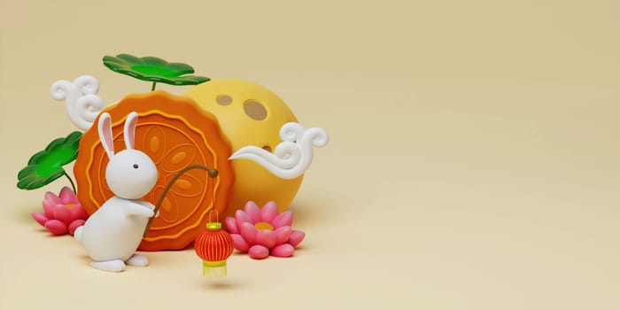 3d Rabbit holding lanterns with baked mooncake and lotus, full moon on yellow background. Chinese palace aside. Translation: Happy mid autumn festival. 3d render.