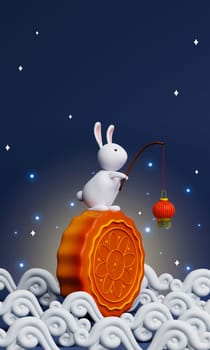 3d Rabbit holding lanterns on baked mooncake on night background. Chinese palace aside. Translation: Happy mid autumn festival. 3d render.