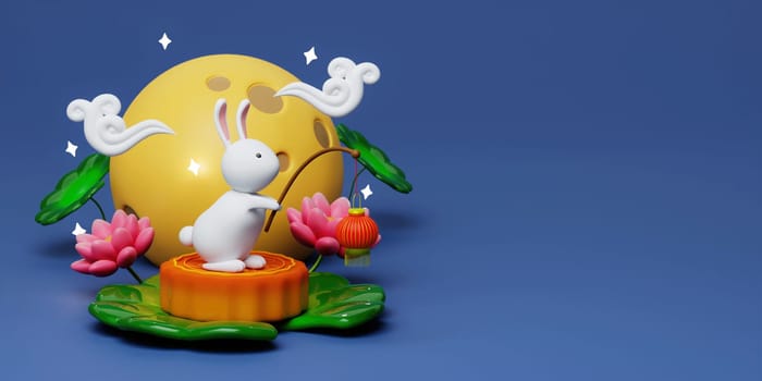 3d Rabbit holding lanterns on baked mooncake with lotus, full moon on night background. Chinese palace aside. Translation: Happy mid autumn festival. 3d render.