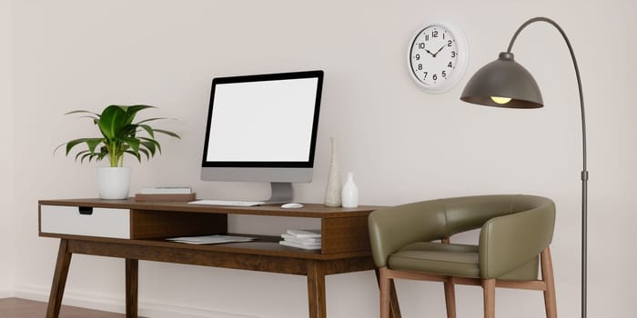 A modern PC computer blank screen mockup is on a table in a modern minimal home office. 3d render illustration.