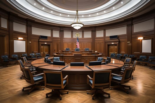 Round empty courtroom with marble floor and wooden chairs.