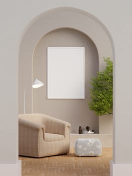 Light living room interior dresser and shelf with art decoration, mockup frame. 3d render illustration.