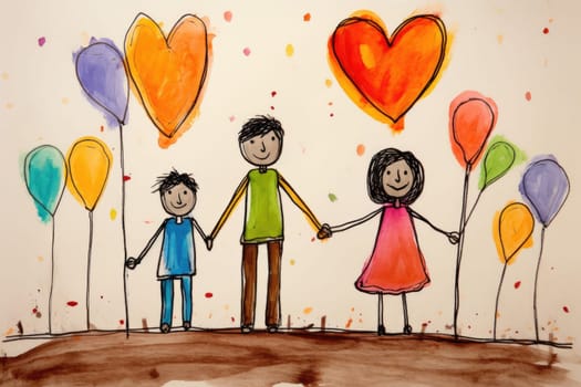 Family drawing and heart shaped balloon and holding hands