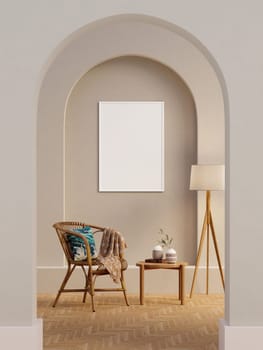 Light living room interior dresser and shelf with art decoration, mockup frame. 3d render illustration.
