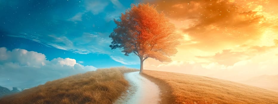 Scenic view of a split pathway under a vibrant tree with day and night sky merging, ideal for concept art, banner