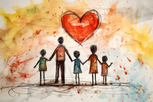 Drawing of family holding hands near heart