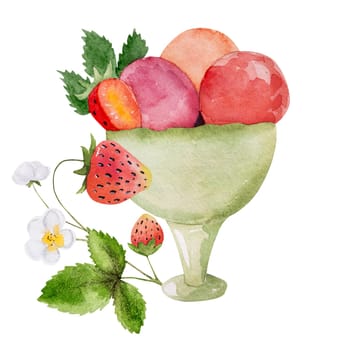 Hand-Painted Watercolor Summer Clipart Features Ice Cream In A Bowl And A Strawberry Branch