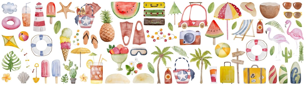 Hand-Painted Watercolor Set Of Images Includes Beach Bag, Flippers, Camera, Cocktail, And Other Summer Clipart