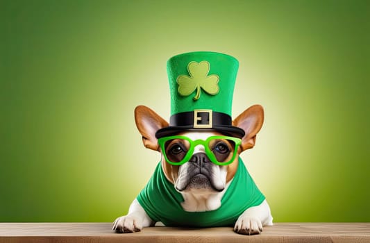 St.Patrick 's Day. A cute and funny dog in a green top hat, glasses and a green T-shirt, sits at a table on a green background. Concept. Copy space. Close-up.