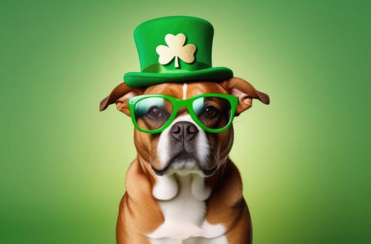 St.Patrick 's Day. A cute and funny dog in a green top hat with a golden clover pattern, wearing glasses, sits on a green background. Concept. Copy space. Close-up.