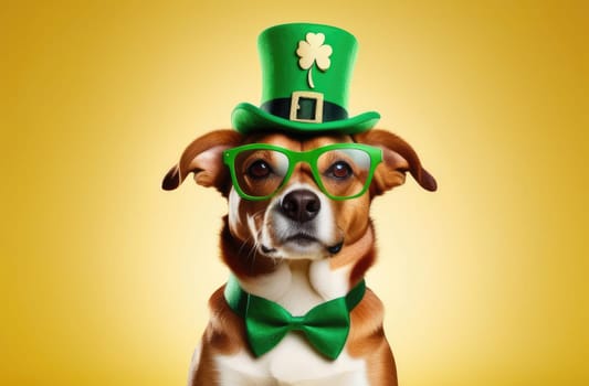 St.Patrick 's Day. Concept. A beautiful dog in a green top hat with a golden clover pattern, glasses and a bow tie close-up on a yellow background in the center. Copy space.