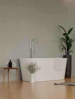 bath with wood floor and modern style white bathroom 3d render, concrete, . 3d render.