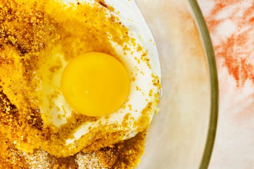  Chicken egg in bowl with flour and sugar  , preparing food , 
