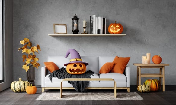 Modern room decorated for Halloween. Idea for festive interior. 3D render 3D illustration.