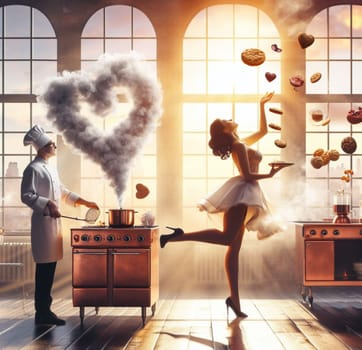 glamourous chef in steampunk kitchen with windiwn natural light cooking posing dancing singing illustration generative ai art