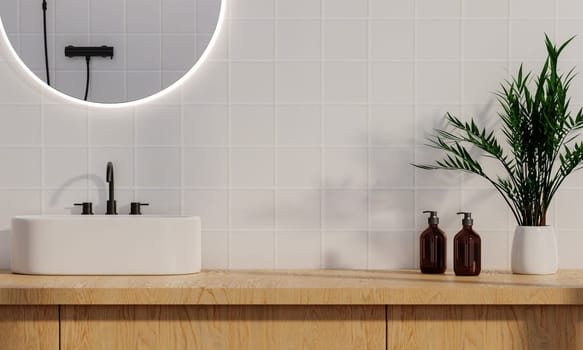 a counter with decoration on top wood with washbasin and modern style white bathroom 3d render, white wall and mirrors, The room has large windows. 3d render.