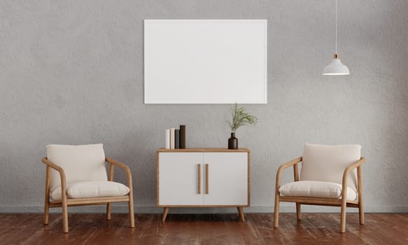 Modern minimalist interior with an armchair on empty white wall background and Blank picture frame mockup on white wall. 3d rendering illustration.