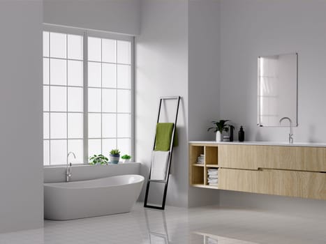 Minimal style white bathroom 3d render, white wall and ceramic floor, The room has large windows. 3d render.