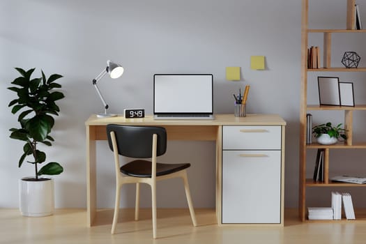 3D render of interior modern living room workspace with desk and desktop computer. Home office is a safe place to work..