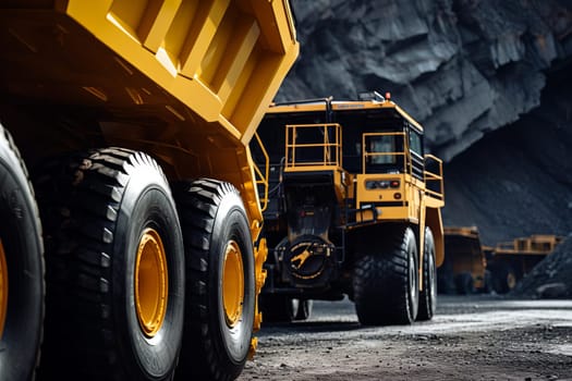 Closeup detailed large yellow dump truck for coal anthracite on the background of coal mining