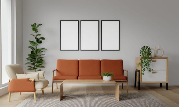 Cozy modern living room interior mock-up poster frame and orange sofa and decoration room on a orange or white wall background. 3D rendering.