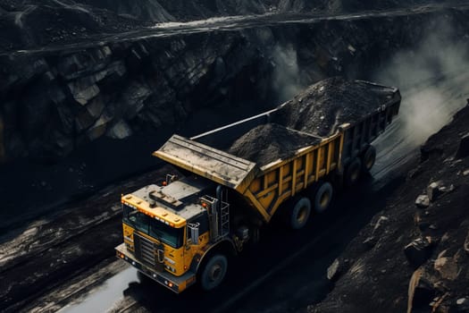 Yellow dump trucks for coal anthracite on the background of coal mining, aerial view
