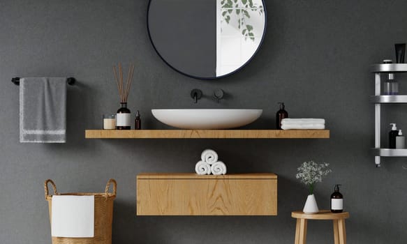 3D render a wood counter with decoration washbasin and modern style white bathroom 3d render, white grey ceramic and mirrors. 3d render.