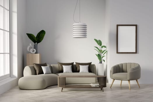 Modern Living room with sofa and decorate plant Minimal style 3d render, white wall and wood floor 3d render,.