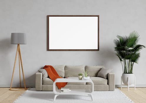 Blank picture frame mockup on white wall. Modern living room design. View of modern Scandinavian style interior with sofa. 3d render illustration.