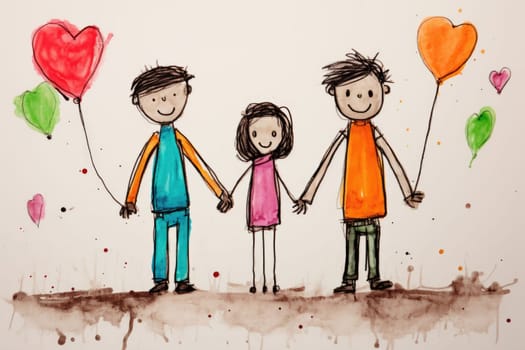 Family drawing and heart shaped balloon and holding hands