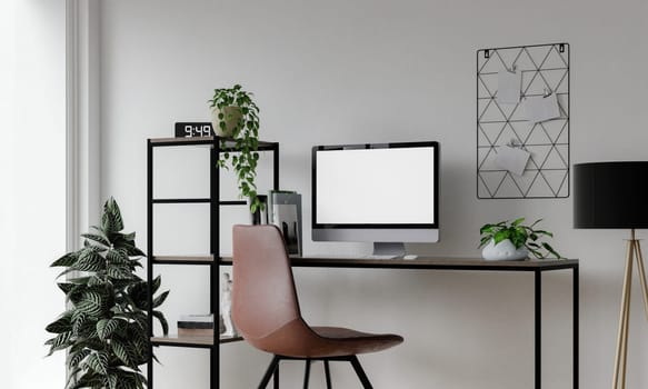 PC mockup of blank white screen in contemporary workspace with computer, tablet and phone on black desk and white wall in front view. 3D rendering.