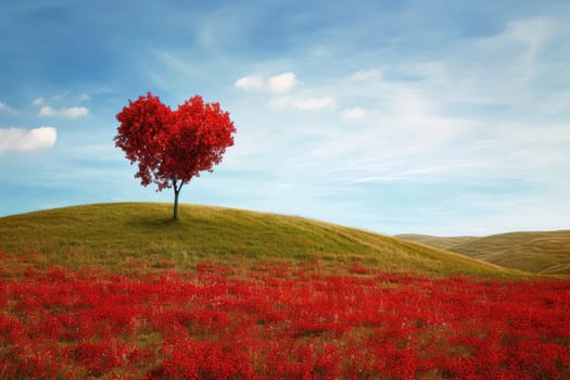 red tree of love in red flower field pragma