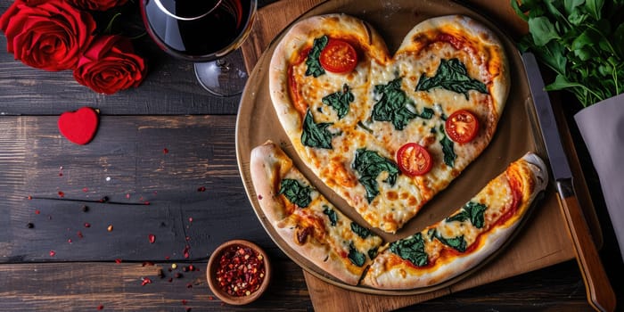 Heart shaped pizza for Valentines day on dark rustic wooden background pragma