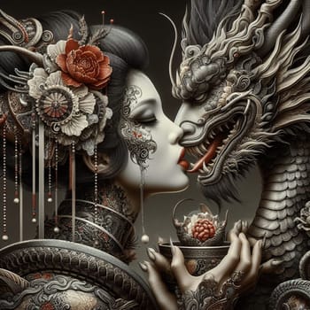 A tatooed woman geisha confronting a fierce male golden dragon snake, surreal art for chinese new year celebration, valentines or muertos halloween darl fantasy sceneAI generated