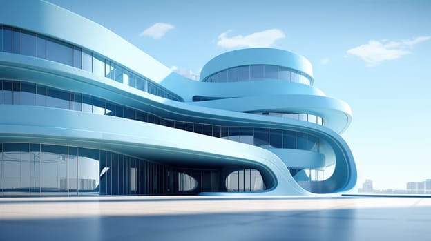 Abstract architecture scene with smooth curves. Abstract background with futuristic building in white and blue colors. Generated AI