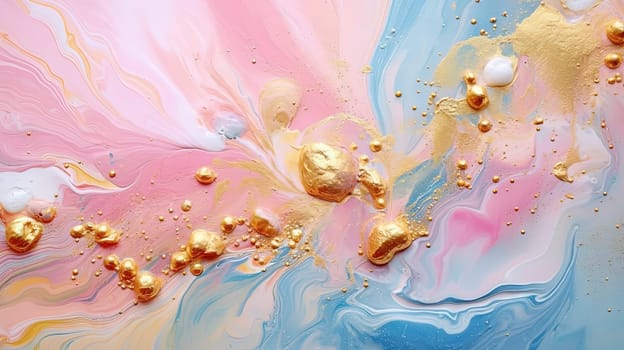 Abstract artistic background with pearlescent pink marble and holographic golden paint stains. Generated AI