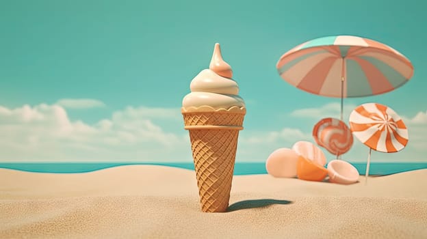 Ice cream cone in the sand of the beach. Vacation scene with ice cream on the shore line. Generative AI