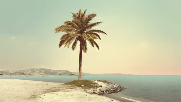 Palm tree on the sand of the beach. Vacation scene with palm on the shore line. Generative AI