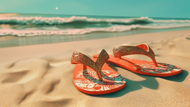 Flip flop sandals on the sandy beach in nostalgic card style. Retro vacation postcard with slippers on the coast. Generated AI