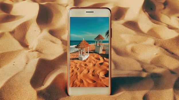 Smartphone in the sand of the beach. Vacation scene with phone on the shore line. Generative AI