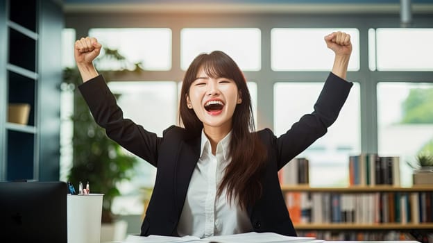 Asian businesswoman excited on the workplace, celebrating the successful deal. Generated AI