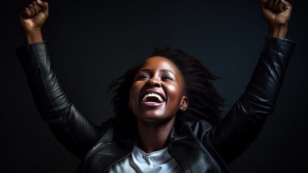 African american businesswoman excited on the workplace, celebrating the successful deal. Generated AI