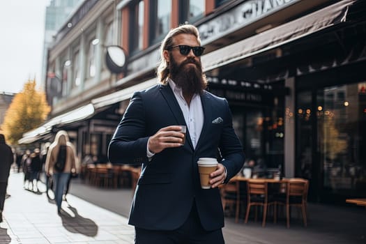 Businessman with huge beard, fashionable blue suit and a cup of coffee on the street. Generated AI