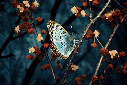 Butterfly on the colorful flowers and plants. Calm nature scene with dreamy colors. Generated AI