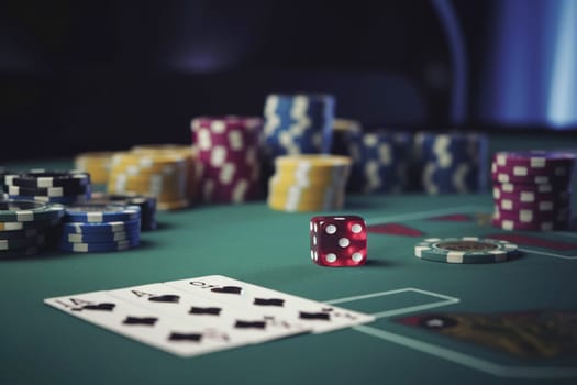 Casino concept with abstract gambling objects. Dark casino room with roulette, cards and dices. Generative AI
