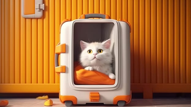 Cute white cat sitting in the suitcase. Sweet fluffy kitten is ready to travel. Generated AI