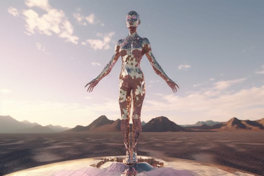 Crome robot woman posing with spread arms. Artificial intelligence rise and shiny. Mechanical beauty. Generated AI
