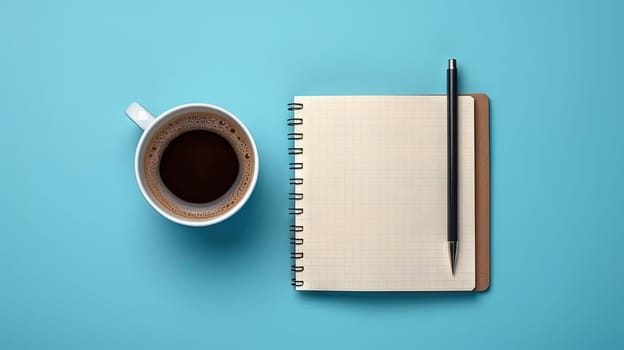 Cup of coffee and notepad with pen, top view. Generated AI